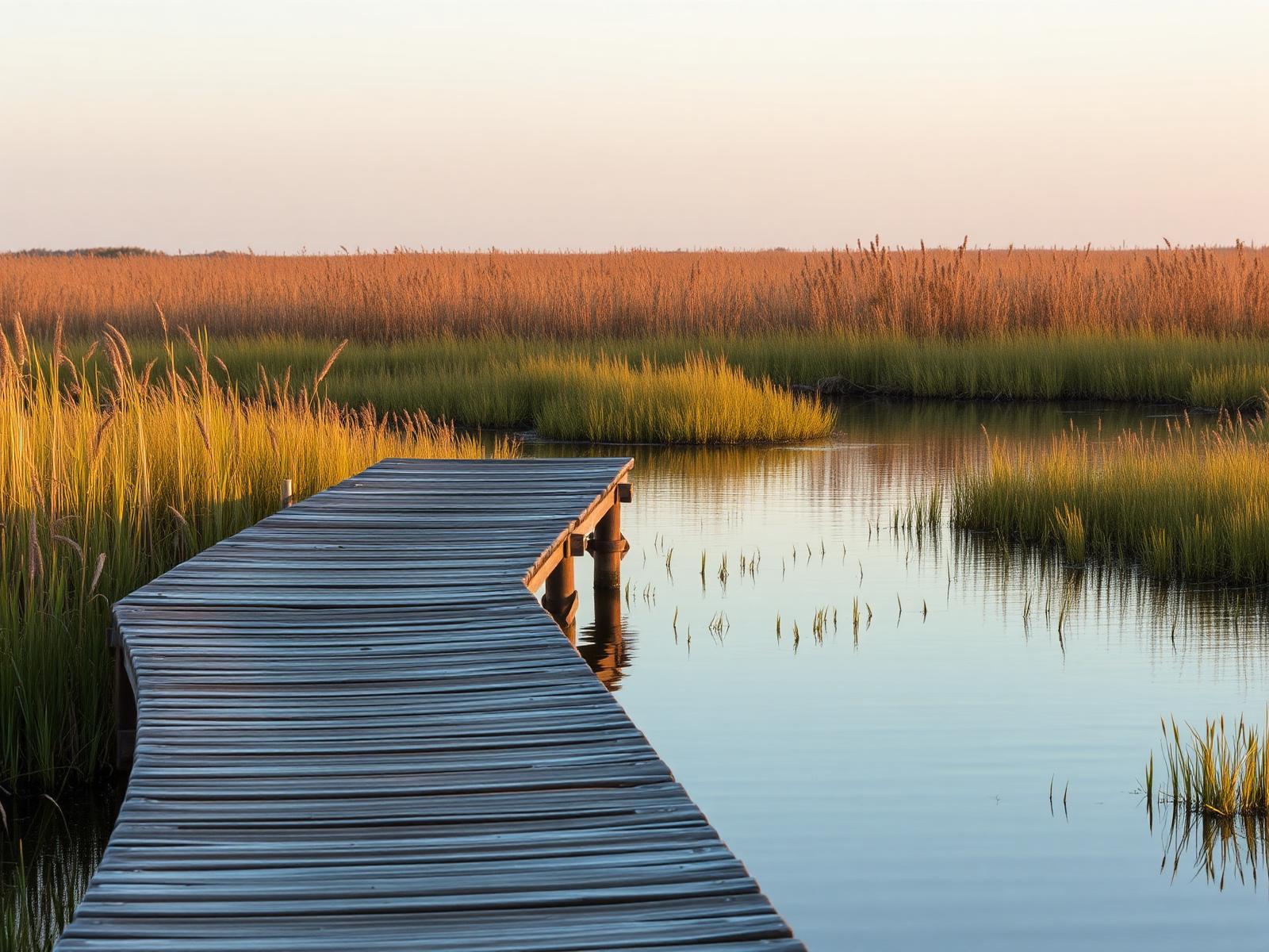 Weathered wooden dock stretching over a calm Lowcountry marsh at golden hour